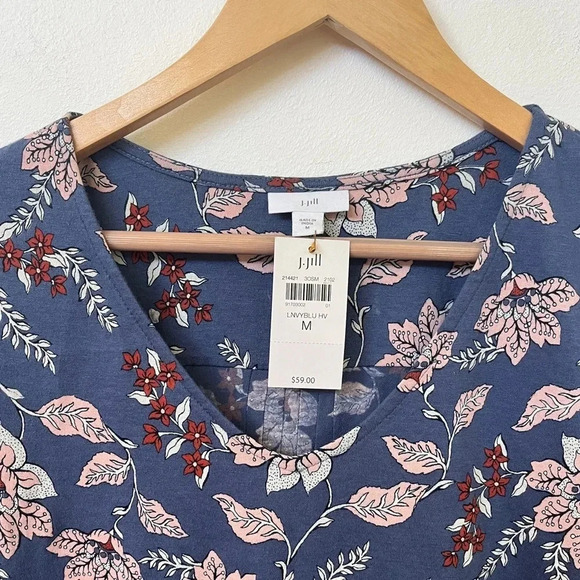 J. Jill Sz M Modal Denim Blue Floral Long Sleeve Tunic Blouse Trim Casual Vneck - Picture 3 of 10